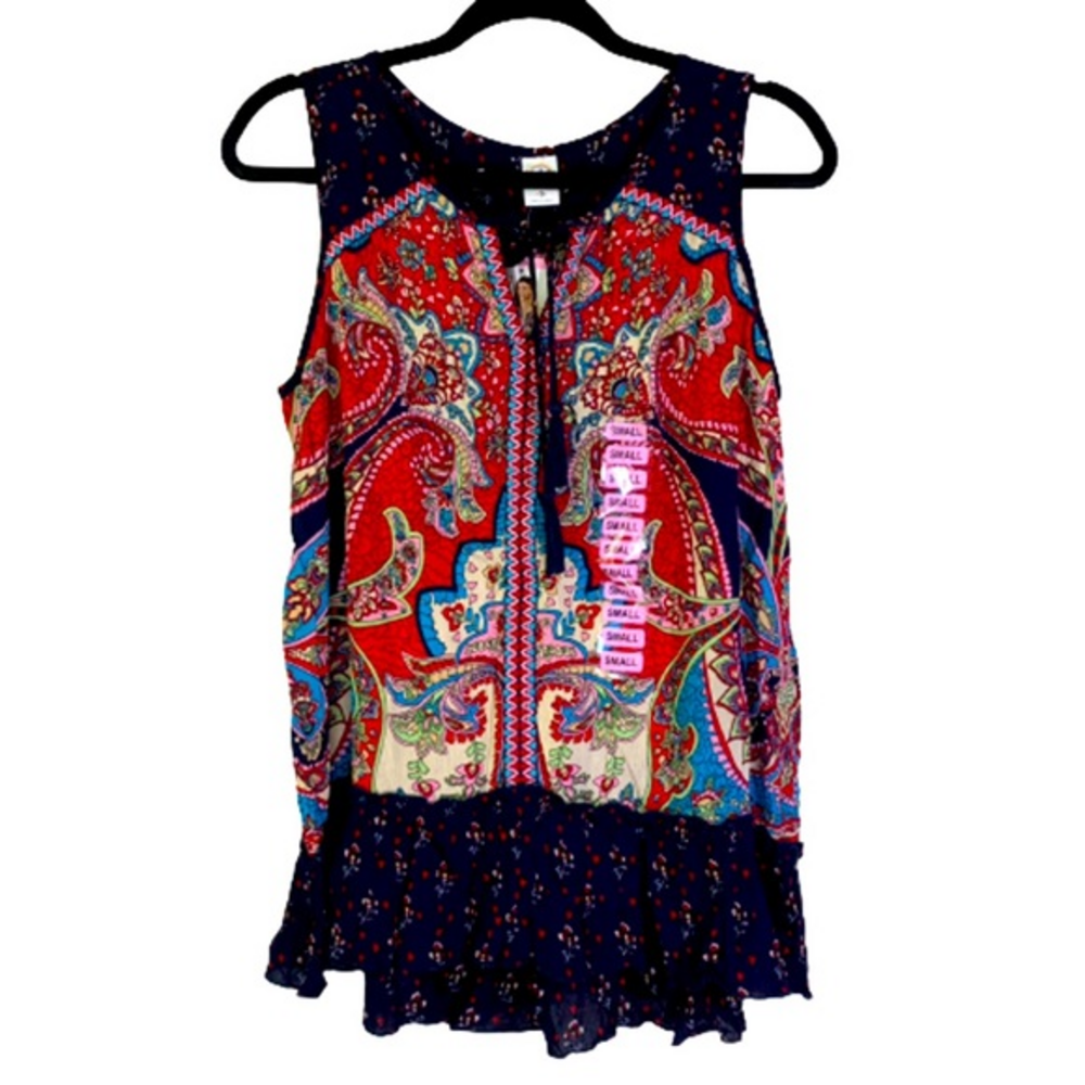 BILA Navy Blue & Red Paisley Sleeveless Tunic Top - NWT